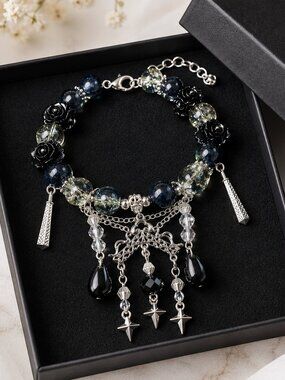 Statement Charm Bracelet Black Silver Beaded Gothic Boho Dangle Adjustable